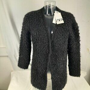 Zara Metallic-Thread Long Knit Cardigan Black Sparkly Duster NWT Size L
